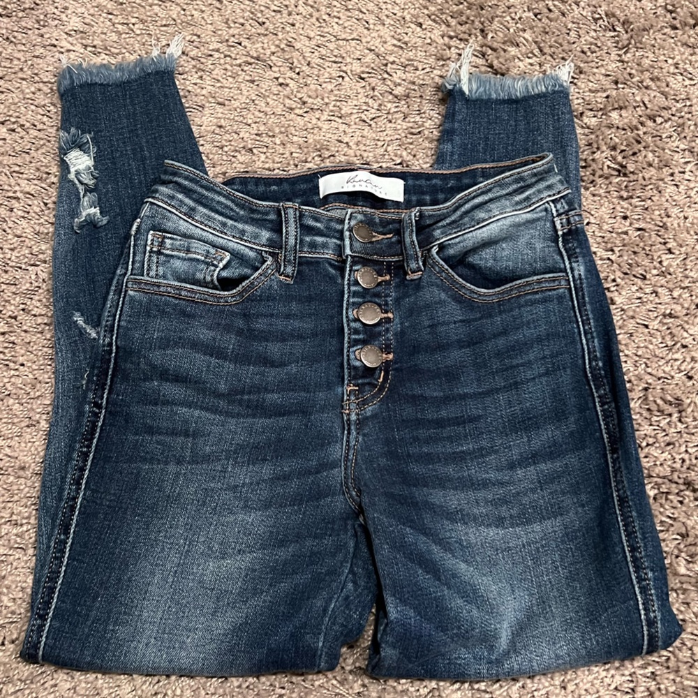 Kancan High Rise Button Distressed Skinny Jeans